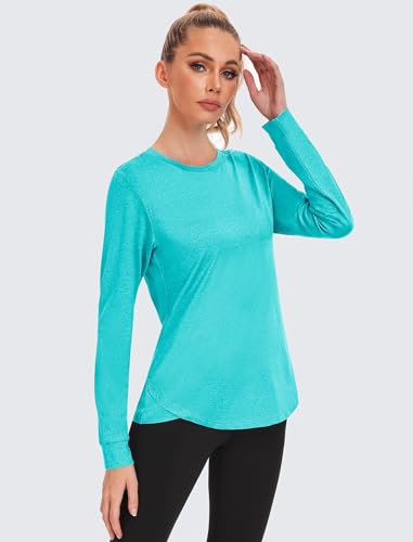 Pinspark Women'S Long Sleeve Workout Shirts Crew Neck Sports Yoga Running Dry Fit Tops Basic Loose Fit Side Split A_Turquoise Medium thumb #2