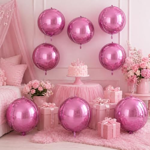 Image of 9 Pcs Pink Round Foil Balloons,22 Inch Metallic Pink Round Balloons | Pink Giant 4D Round Ball Balloons For Valentine's Birthday Wedding Anniversary Bridal Shower Party Decorations
