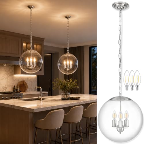 KoKo&Yukina 13.7" Nickel Modern Glass Globe Pendant Lights for Kitchen Island Mid Century Brushed Nickel Clear Glass Pendant Light Fixture Hanging Pendant Lighting for Dining Room Bedroom Bulb Incl.