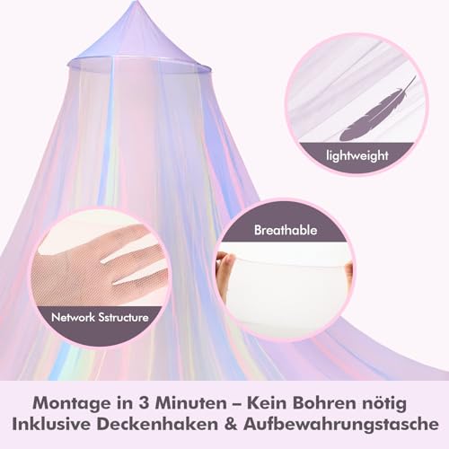 Kievano Betthimmel für Mädchen – Baldachin Kinderzimmer Regenbogen – Moskitonetz für Babybett, Einzelbett & Doppelbett – 60×250×1200 cm, mit Haken & Aufbewahrungsbeutel