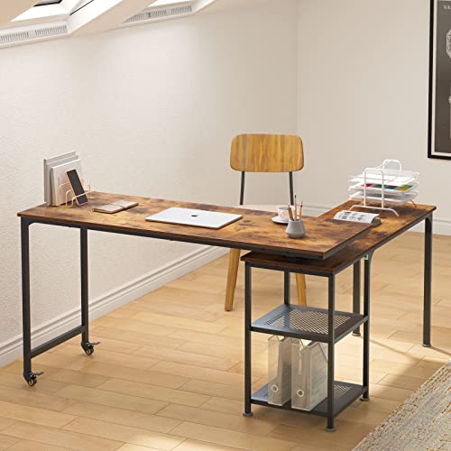 Soges Reversible L Shaped Desk, 360° Free Rotating Corner Computer Desk, 55 Inch L Desk With Storage Shelves For Home Office, Modern Study Writing Table Workstation, Rustic Brown #TOP3