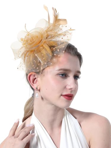 fghuim Women's Organza Church British Bridal Tea Party Wedding Hat Feather Hair Clip Gold Fascinators Hat (Gold) - Thumbnail 2