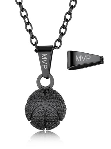 GOLDCHIC JEWELRY Engraved Black Basketball Chain, NBA Stereoscopic 3D Basketball Fans Pendant Necklaces Women Men, Gift for Son