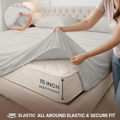 Image of SGI Split King Sheet Set for Adjustable Bed Egyptian Premium Cotton 600 Thread Count Sheets for Sleep Number Bed 15 inch Deep Pocket 5 Pc Set with 2 Twin XL Fitted Sheets Soft Breathable -Light Grey