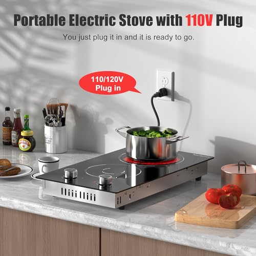 Image of 2 Burner Electric Cooktop 110v Knob Control | 2000W Two Burner Electric Cooktop with Plug, 12 Inch Countertop Stove Top & Built in, estufas electricas de cocina