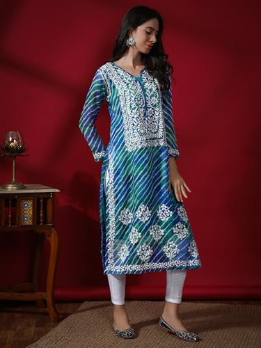Image of Seva Chikan Hand Embroidered Lucknowi Chikankari Aqua Green Kota Women Kurta Kurti with Matching Slip (4047 Aqua Green XL)