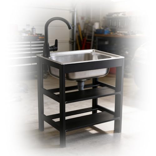 Lavandino da esterno da terra - Vasca for lavanderia in acciaio inossidabile 304 da terra, con rubinetto for acqua calda e fredda, tubi flessibili e kit di scarico(38 * 32 * 18cm)