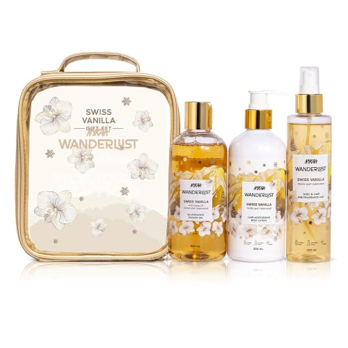 Image of Nykaa Wanderlust Rakhi Gift Set for Women - Swiss Vanilla Body Care Kit (700ml) | Warm Vanilla & Cedarwood Fragrance Notes | Shower Gel, Lotion, Body Mist with Free Pouch | Premium Rakhi, Festive & Birthday Gifting Combo | Pack of 3
