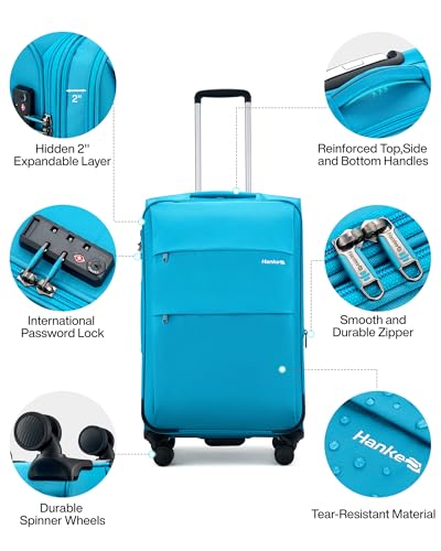 Image of Hanke 55cm Expandable Soft Shell Cabin Carry On Luggage, Overnight Trolley Bag, 360 Silent Spinner Wheels, Combination Lock, Durable Zipper, Lightweight Small Suitcase for Short Trave(Caribbean Blue)