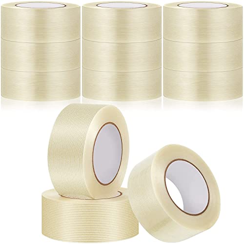 12 Rolls Filament Strapping Tape 4.3 Mil | Fiberglass Filament Tape | Transparent Reinforced Packing Tape | Fiber Tape for Packaging Sealing Binding Fixing Supplies | (2 Inch x 60 Yard (55 Meters))