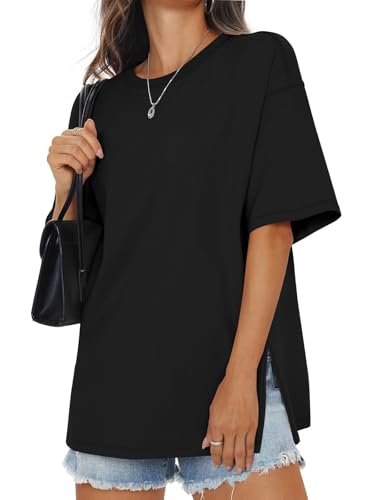 T-shirt surdimensionné coton femme col rond fentes manches courtes