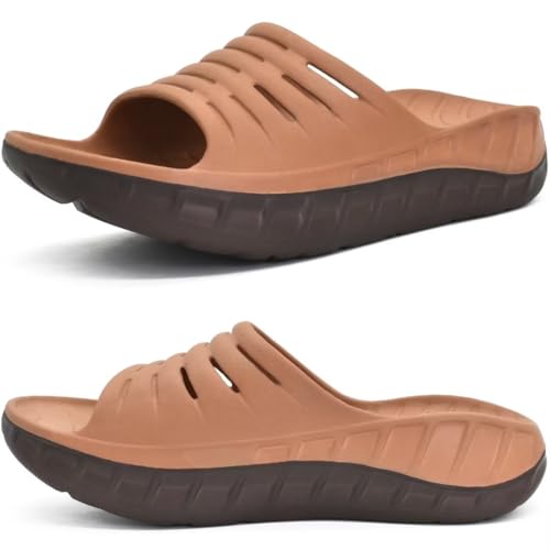 KuaiLu Mens Recovery Sandals Sport Comfortable Arch Support Cushion Athletic Sliders Orthotic Plantar Fasciitis Open Toe Wide Width Thick Foam Sandles Summer Pool Beach Slippers Khaki Brown Size 8