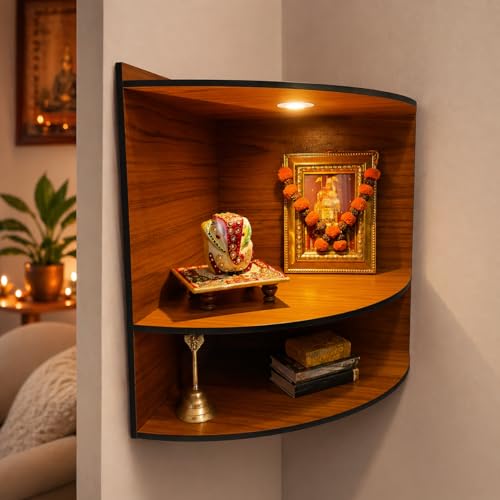 Image of Zesta Wooden Mandir for Home Big Size | DIY Pooja Mandir with LED Spot Light | Devghar Cabinet for Living Room or Office | Wall Mounted Pooja Unit for Home (Mandir for Corner)