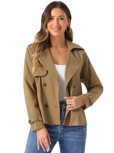 Allegra K Trench Coat for Women's Casual Notched Lapel Double Breasted Outerwear Short Jacket