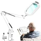 10X Square Magnifying Glass with Light and Clamp, Real Glass LED Lighted Magnifier and Stand, 5 Color Modes Stepless Dimmable, Hands-Free Desk Lamp with Clamp for Reading Craft Hobby Close Work -White