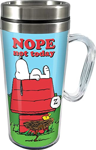 Image of Spoontiques Peanuts Insulated Travel Mug, 14oz - Double Wall Stainless & Acrylic Drink Cup with Twist Top Lid & Handle - Snoopy