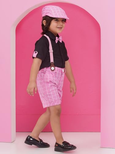 Image of AJ DEZINES Kids Clothing Cotton Blend Checkered Printed Shirt Shorts With Cap and Suspenders Set for Boys