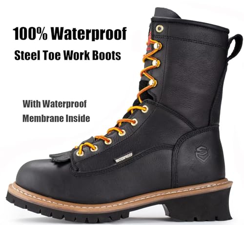 SUREWAY Men's 8" Waterproof Steel-Toe Logger Work Boot,Superior Oil/Slip Resistant,Thicker Full Grain Leather,Wedge Rubber Sole,EH Rated4