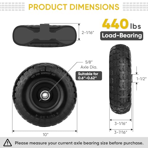 TICONN 10" Solid Tires, 2 Pack Flat Free 4.10/3.50-4'' Wheels with 5/8” Axle Bore Hole and Double Sealed Bearings (Black, 2PK) by TICONN - Used condition - Image 4