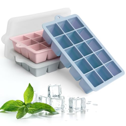 3 Stück 45 Fach Eiswürfelform Silikon Eiswürfelbehälter mit Deckel, Große Quadratische Eiswürfel 3.5cm, Ice Cube Tray für Whisky, Cocktails（Blau+Rosa+Grün）
