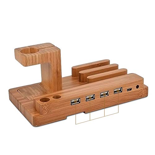 Preisvergleich Produktbild GYFY Multifunktionsbamboo und Holz-Mobilfunkhalter, Desktop-Solizholz-USB-Ladegerät Dual-Handy-Uhr Wohnung Multifunktionsgerät
