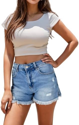 Jean Shorts Women High Waisted Ripped Frayed Raw Hem Summer Denim Shorts