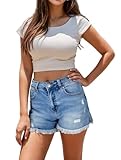 FEELNINE Jean Shorts Women High Waisted Stretchy Ripped Frayed Raw Hem Summer Denim Shorts Blue Size L