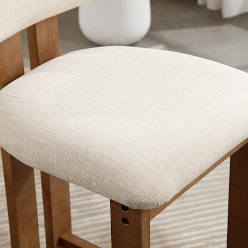DM Furniture 26" Mid Century Modern Counter Bar Stools for Kitchen Island Farmhouse Wooden Counter Height Barstools Set of 4 with Linen Fabric Curved Back for Patio/Home Bar/Balcony, Beige