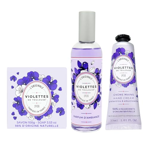 BERDOUES – Lote Violettes de Toulouse - Ambientador hogar 100ml + Jabón sólido 100g + Crema de manos 30ml, Cofre regalo mujer, fabricado en Francia