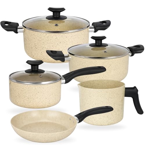 Jogo De Panelas Cerâmica 5 Peças Joy Indução Antiaderente Com Tampas De Vidro Cozinha Conjunto de Panelas Fogão de Indução - Dona Chefa (Vanilla)