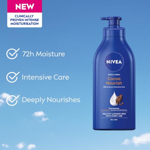 Image of NIVEA Cocoa Nourish Body Lotion for Men & Women with Cocoa Butter, Hyaluronic Acid & Vitamin E Moisturizer for Dry Skin, Deep Nourish Serum Body Cream 72H Moisturiser, Non Greasy Face Cream 600ml