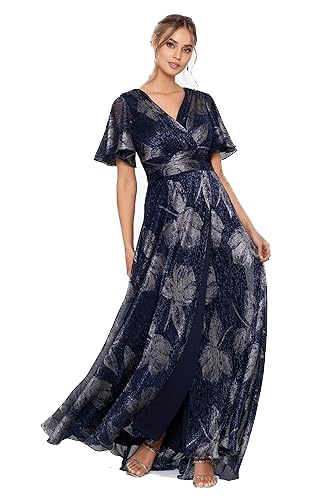 Image of Betsy & Adam Women's V Neck Flutter Sleeve Metallic Print Flowy Dress, Navy /Gun, 12P