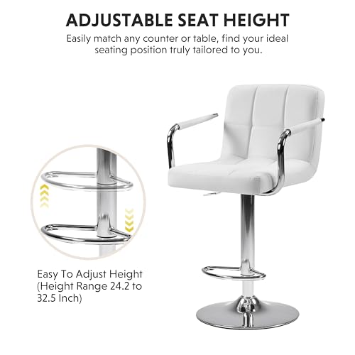 Image of HealSmart Bar Stools Set of 2, Adjustable Swivel Bar Chairs with Cushioned Armrests & Ergonomic Backrest, Water-Resistant PU Leather for Kitchen Island Counter Pub Dining Room, White