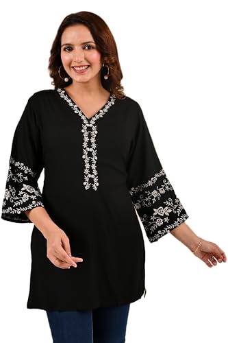 Image of MAHIRA'S Women's Short Kurti, Black Rayon Tunic Top with Embroidered Sleeves, 3 /4 Designer Sleeves
