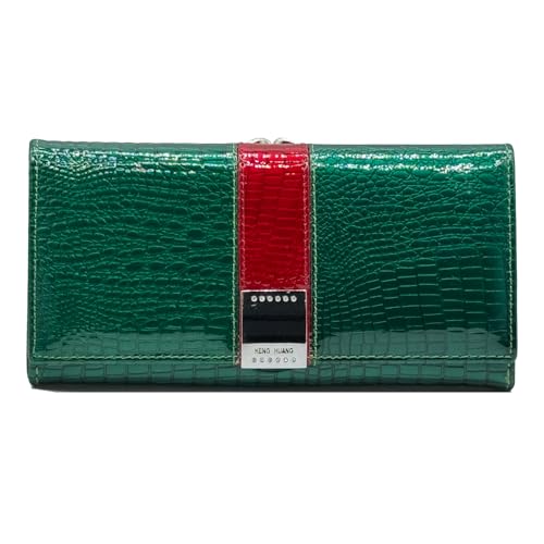 GHUHUALX Women's Long Genuine Leather Trifold Wallet Credit Card Purse Ladies Casual Fashion Clutch