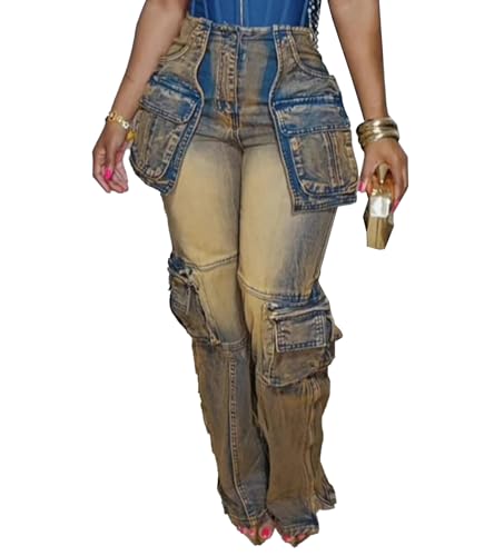 Famnbro Women's Cargo Jeans Side Zipper Y2k High Waist Straight Leg Denim Jeans Pants with Pockets