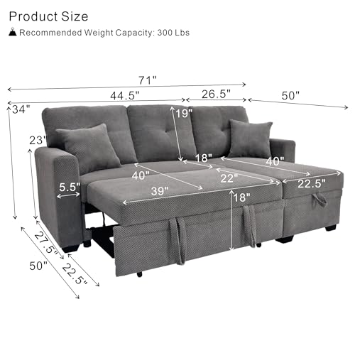 Image of KEIKI 71 inch Sleeper L Shaped Sofa with Pull Out Bed, Sleeper Sofa with Reversible Chaise, 3 Seater Modular Sectional Sofa with Storage for Living Room, Light Gray