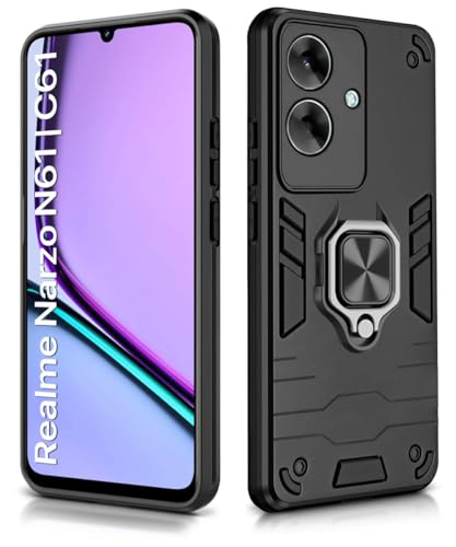 Image of WOW IMAGINE Shock Proof Back Case Mobile Cover for Realme Narzo N61 | Realme C61 (Tough Armor | Hybrid PC + TPU | Full Protection with Ring Holder & in-Built Kickstand | Black)