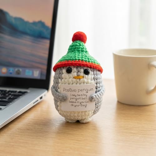 Handmade Crochet Doll with Positive Message Card, Knitted Amigurumi Collectible Figure for Desk Home Decor Penguin01