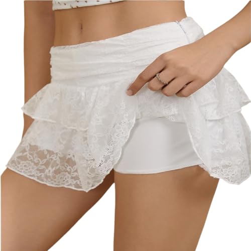 dzmelzu Lace Mini Skirt, Y2K Lace Layered Ruffle Skirts, A Line Cute Ruched Skirt with Shorts, Women’s Tiered Skirt White