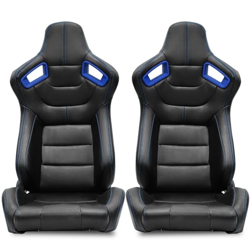 FREEMOTOR802 Racing Seats with Dual Lock Sliders, Universal For Most Cars Vehicles First Row, 1 Pair Reclinable Sport Bucket Seats, PU Carbon Fiber Look Leatherette, Black Blue Slots