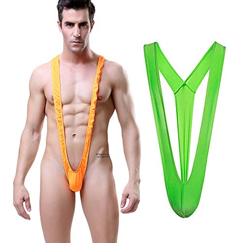 LICHMA 2pcs Mens Sexy Borat Mankini Swimsuit Thong V Sling Stretch Underwear (Free, Green+Orange)