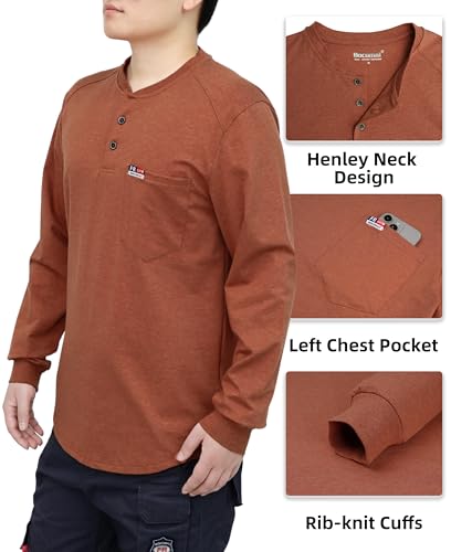 Image of BOCOMAL FR Shirts for Men Long Sleeve EX Soft Flame Resistant Henley CAT2 | NFPA2112 6oz Midweight Cotton Knit Heather Series,Moisture-Wicking /Breathable,Chest Pocket,Rib-Knit Cuffs,Summer Work T Shirt