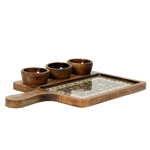 Image of Handcrafted Mango Wood Serving Platter with 3 Dip Bowls | Traditional Jamawar Kashmiri Print | Waterproof, Heat-Resistant, Food-Safe Lacquer Finish | 15.5 x 10 Inch | Made in India (3Katori: Jamawar)