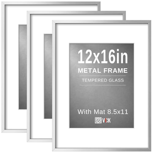 Image of VCK 12x16 Frame Silver Metal, Real Glass, 8.5x11 Mat, 3 Pack, for Picture