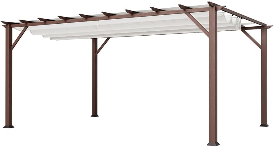 11'x16' Alumnium Pergola in Chilean Ipe with Soft Top Retractable Canopy for Patio, Porch, Garden, Backyard Gazebo (Off-White Canopy)