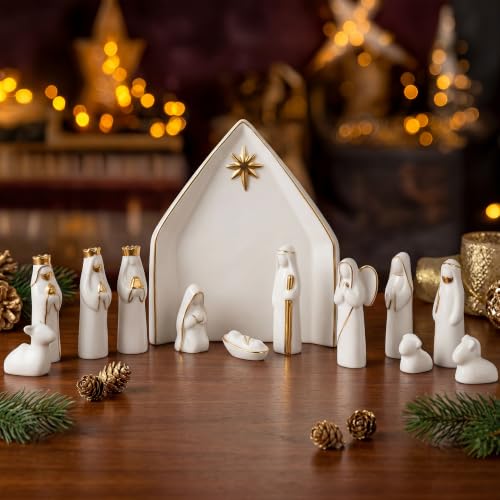 Image of NEROSUN Nativity Scene Set, 13Pcs White Ceramic Christmas Nativity Scene Tabletop Decorations, Miniature Holy Family Figurines for Holiday Table Mantel Decor Christmas Spiritual Gift