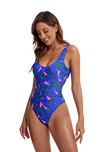 Miaiulia Women's Retro 80S/90S Inspired High Cut Low Back Padding One Piece Swimwear Bathing Suits 90S Pattern Royalblue S #TOP2