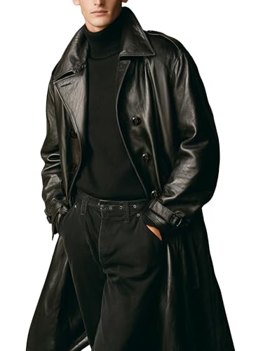 WPKDS Mens Casual Long Leather Trench Coat, Slim Fit Double Breasted Notched Lapel Belt Black Full Length Jacket Overcoat (Black, X-Large)