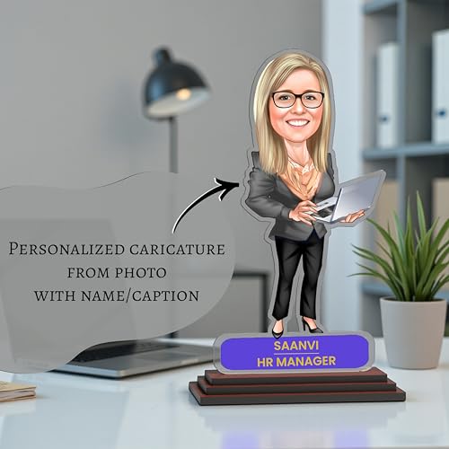 Image of SAVRI Personalized Caricature for Female Employee - Customized Picture Caricature Standee with Name| Funny & Corporate Gift for Lady Colleague, Office Friend, Staff | Birthday, Farewell & Desk Gifts